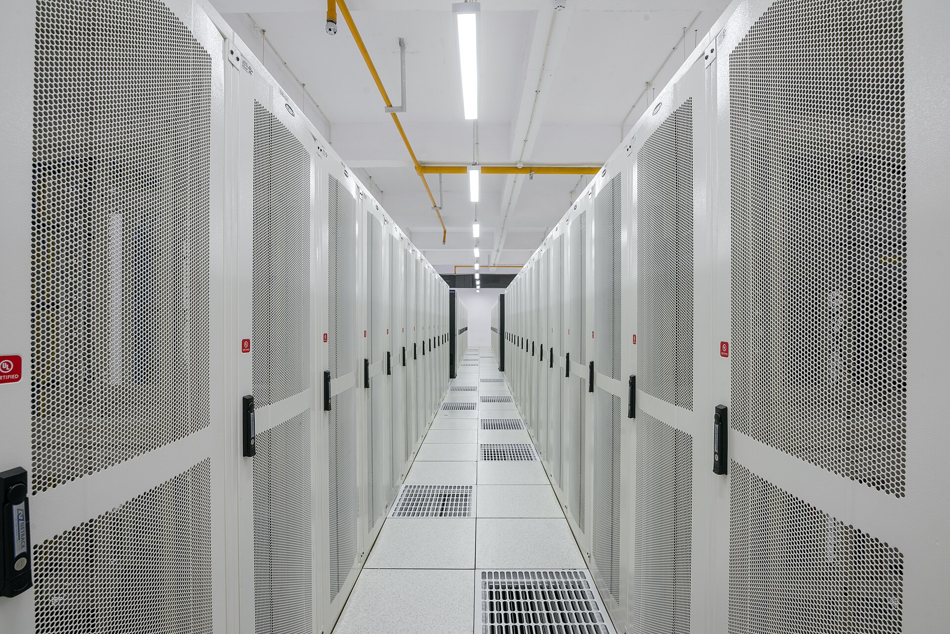 Data center corridor with server racks
